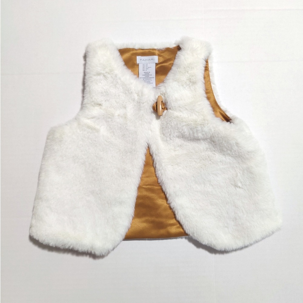 Tahari Girls White Faux Fur Vest 4T Ivory Holiday Luxe Mini Old Money Outerwear